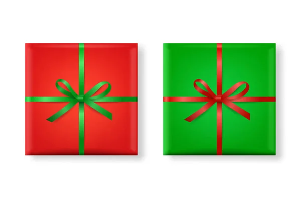 Vector 3d Realistic Paper Green and Red Christmas Gift Box, Bow Icon Set Isolated (англійською). Новий рік, Різдво, день святого Валентина або ювілейна концепція. Дизайн шаблону різдвяної презентації. Вид зверху — стоковий вектор