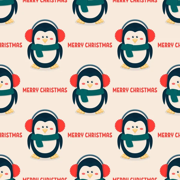 Buon Natale. Ciao. Modello senza cuciture vettoriale con il pinguino carino di Natale in cuffie in stile piatto. Modello di design. Personaggio dei bambini del fumetto — Vettoriale Stock