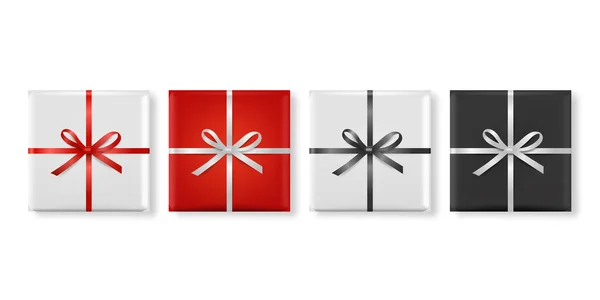 Vector 3d Realistic Paper White, Red, Black Christmas Gift Box, Bow Icon Set Isolated (англійською). Новий рік, Різдво, день святого Валентина або ювілейна концепція. Дизайн шаблону різдвяної презентації. Вид зверху — стоковий вектор