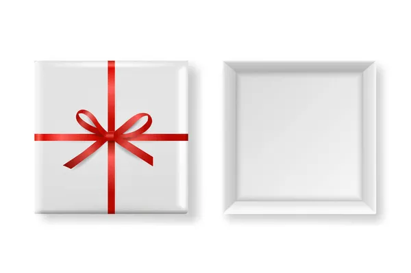Vector 3d Realistic Closed, Opened Paper White Christmas Gift Box, Red Bow Isolated Новий рік, Різдво, день святого Валентина або ювілейна концепція. Дизайн шаблону різдвяної презентації. Вид зверху — стоковий вектор