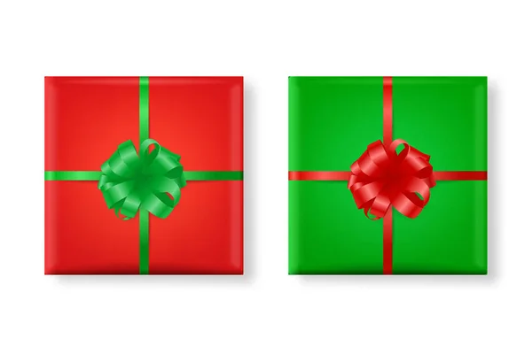 Vector 3d Realistic Paper Green and Red Christmas Gift Box, Bow Icon Set Isolated. 새해, 크리스마스, 발렌타인 데이, 기념일 컨셉트. 크리스마스 기념 패키지의 디자인. 위에서 본 광경 — 스톡 벡터