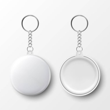 Vektör 3d Gerçekçi Boş Beyaz Yuvarlak Anahtarlık Yüzük ve Zincirli Anahtar Beyazda İzole Edildi. Yüzüklü Rozet. Plastik, Zincirli Metal Kimlik Kartı Anahtar Tutucu, Tasarım Şablonu, Model