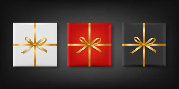 Vector Realistic Paper White, Red, Black Christmas Gift Box, Golden Bow Set Isolated Новий рік, Різдво, Валентинів день, ювілейна концепція. Дизайн шаблону різдвяної презентації. Вид зверху — стоковий вектор