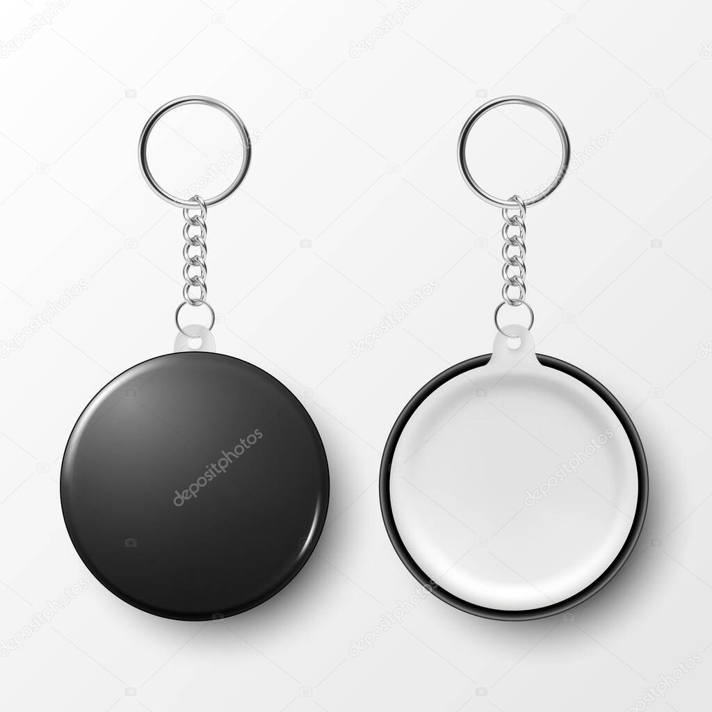 Vector 3d Realistic Blank Black Round Keychain with Ring and Chain for Key Isolated on White. Button Badge with Ring. Plastic, Metal ID Badge with Chains Key Holder, Design Template, Mockup