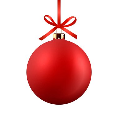Vektör Gerçekçi 3d Kırmızı Noel Balosu İpek Kırmızı Fiyonklu, Mock-up yakın izole edildi. Xmas 'ın Şablonu ve Mockup için Yeni Yıl Ağacı Oyuncak Balosu. Ön Görünüm