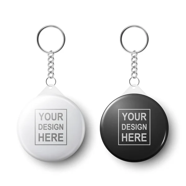 Vector 3d Realistische Blanco Witte en Zwarte Ronde Sleutelhanger met Ring en Ketting voor Sleutel Geïsoleerd op Wit. Knoppenbadge met ring. Plastic, Metal ID Badge met kettinghouder, Design Template, Mockup — Stockvector