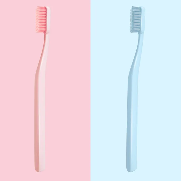 Vector 3d rosa realista, azul simples em branco conjunto escova de dentes de plástico. Modelo de design para Mockup. Odontologia, Saúde, Conceito de Higiene. Duas escovas de dentes. Escova para dentes — Vetor de Stock