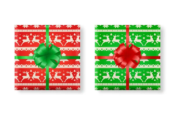 Vector 3d realista papel verde, caja de regalo de Navidad roja, conjunto de iconos de arco. Patrón de Navidad. Año Nuevo, concepto de Navidad. Plantilla de diseño de embalaje de regalo de Navidad. Vista superior — Vector de stock