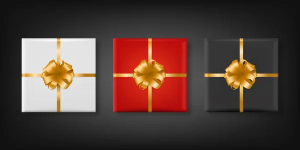 Papel realista vectorial blanco, rojo, caja de regalo de Navidad negra, conjunto de arco dorado aislado. Año Nuevo, Navidad, San Valentín, Concepto de Aniversario. Plantilla de diseño de embalaje de regalo de Navidad. Vista superior — Vector de stock