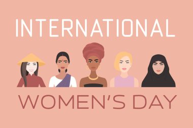 Uluslararası Kadınlar Günü Afişi. Farklı Milletler ve Düz Irk Kadınları tarzında Vektör Geçmişi - Dayanışma Halkı ve Kadın Hakları Kavramı. Feminizm, Irkçılık Protestosu, Plackard