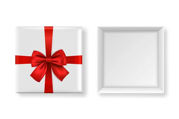 Vector 3d Realistic Closed, open Paper White Christmas Gift Box, Red Bow Isolated. 새해, 크리스마스, 발렌타인 데이, 기념일 컨셉트. 크리스마스 기념 패키지의 디자인. 위에서 본 광경 — 스톡 벡터