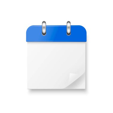 Vektör 3d Mavi Modern Minimalist Gerçekçi Takvim Simgesi İzole Edildi. Yeni yıl, tatil arifesi konsepti. Kağıt Takviminin Tasarım Şablonu. Katlanmış Kağıt Corenr Sayfası ile İzole Kare Takvimi