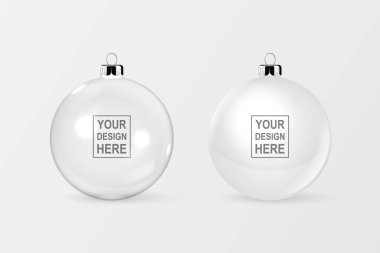 Vektör Gerçekçi 3d Şeffaf ve Beyaz Noel Parlak Cam Top Simgesi, Mock-up Kapatma İzole edildi. Xmas 'ın Şablonu ve Mockup için Yeni Yıl Ağacı Oyuncak Balosu. Ön Görünüm