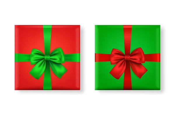 Vector 3d Realistic Paper Green and Red Christmas Gift Box, Bow Icon Set Isolated (англійською). Новий рік, Різдво, день святого Валентина або ювілейна концепція. Дизайн шаблону різдвяної презентації. Вид зверху — стоковий вектор