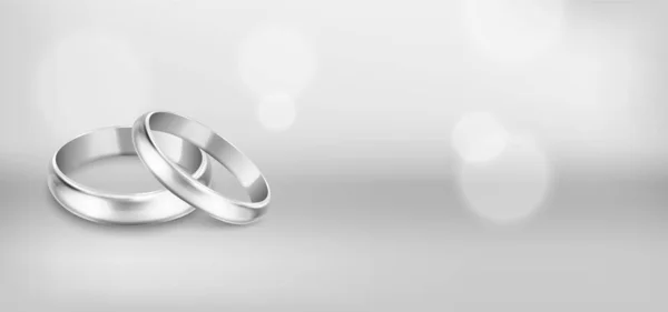 Vector 3d Realistic Silver Metal Wedding Ring Set Closeup. 하트의 형상에 빛나는 반지의 디자인 템플릿 . ( 영어 ) Wedding, Engagement, Love, Romantic, Jewelry Store Concept. 반지의 단면, 모 토우 — 스톡 벡터