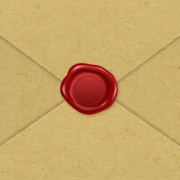 Vector 3d Realistic Vintage Letter Stamp, Wax Seal on Brown Craft Paper Envelope. Sealing Wax, Stamp, Label for Quality Certificate, Document. Imprint, Insignia, Tag. Guarantee, Secret Sign, Label — 图库矢量图片