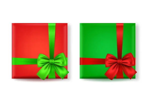 Vector 3d realista papel verde y rojo caja de regalo de Navidad, conjunto de iconos de arco aislado. Año Nuevo, Navidad, San Valentín o Aniversario Concepto. Plantilla de diseño de embalaje de regalo de Navidad. Vista superior — Archivo Imágenes Vectoriales