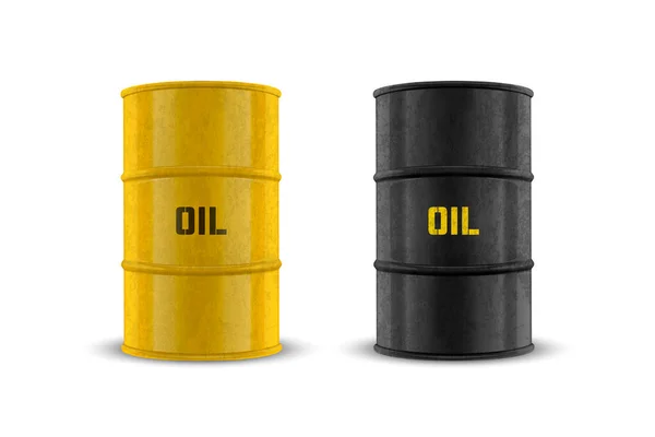 Vector 3d Barrels. Yellow and Black Steel Simple Glossy Metal Enamel Barrel with Oil Set. Fuel, Gasoline Barrel Icon Set Isolated. Design Template of Packaging for Mockup. Front View — Vettoriale Stock