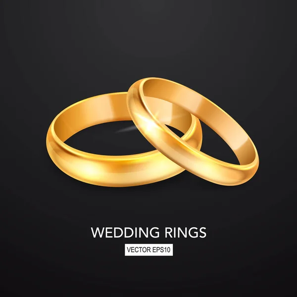 Vektor 3d realistické žluté Golden Metal Wedding Ring Set. Design šablony lesklých prstenů ve tvaru srdce. Svatba, zásnuby, láska, romantika, koncepce klenotnictví. Klipart prstenů, Mockup — Stockový vektor
