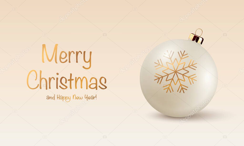 Vector Christmas and New Year Banner. Realistic 3d Christmas and New Year Glass Ball, Decoration Closeup on White. Design Template of Xmas and New Year Tree Toy Decoration. Front View