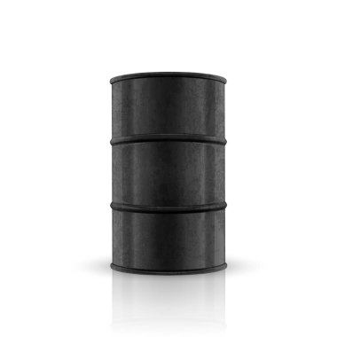 Vektör 3d Petrol Varili. Black Steel Basit Parlak Metal Enamel Fıçısı. Yakıt, benzin, yağ fıçısı ikonu izole edildi. Mockup için tasarım şablonu. Ön Görünüm