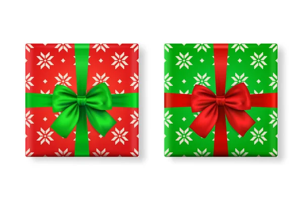 Vector 3d papel realista verde, caixa de presente de Natal vermelho, conjunto de ícones de arco. Padrão de Natal. Ano Novo, Conceito de Natal. Modelo de design de embalagem de presente de Natal. Vista superior —  Vetores de Stock