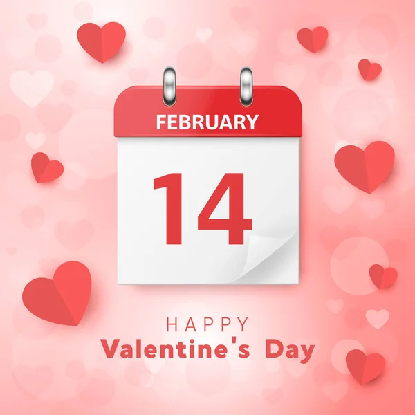 Vector 3d Realistic Valentines Day Paper Red Calendar, February 14, Folded Paper Corner of Sheet. Valentine s Day, Couple, Love Concept. Beautiful Valentines Card, Banner, Wall Calendar, Background — Stockvektor