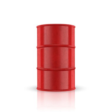 Vektör 3d Petrol Varili. Kırmızı Çelik Basit Parlak Metal Enamel Fıçısı. Yakıt, benzin, yağ fıçısı ikonu izole edildi. Mockup için tasarım şablonu. Ön Görünüm