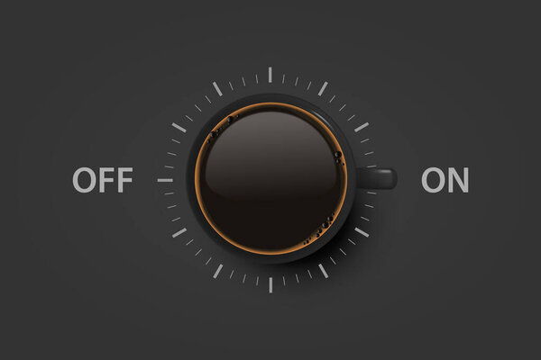 Vector 3d Realistic Off, On Switch with Coffee in Black Ceramic, Porcelain Coffee Mug on Black. Coffee Cup Icon. Concept Creative Banner with Coffee Cup. Design Template. Top View