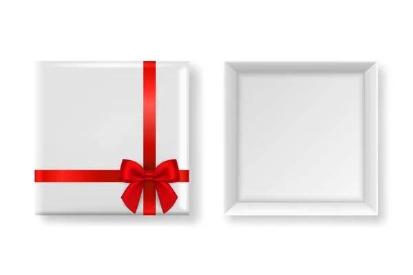Vecteur 3d réaliste fermé, ouvert papier blanc boîte cadeau de Noël, Red Bow isolé. Nouvel An, Noël, Saint-Valentin ou concept anniversaire. Modèle de conception d'emballage cadeau de Noël. Vue du dessus — Image vectorielle