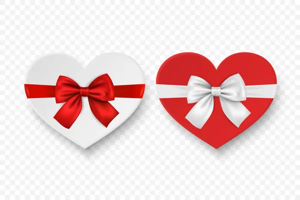 Vector 3d Realistic Paper White, Caja de regalo roja de San Valentín en forma de corazón, conjunto de iconos de arco aislado. San Valentín, concepto del amor. Plantilla de diseño de embalaje actual para el día de San Valentín. Vista superior — Vector de stock