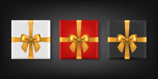 벡터 리얼리즘 종이 White, Red, Black Christmas Gift Box, Golden Bow Set Isolated. 새해, 크리스마스, 발렌타인데이, 기념일 컨셉. 크리스마스 기념 패키지의 디자인. 위에서 본 광경 — 스톡 벡터