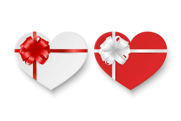 Vector 3D Realistisches Papier Weiß, Red Valentine Geschenkbox in der Form eines Herzens, Bow Icon Set isoliert. Valentinstag, Liebeskonzept. Design-Vorlage der Geschenkverpackung für den Valentinstag. Ansicht von oben — Stockvektor