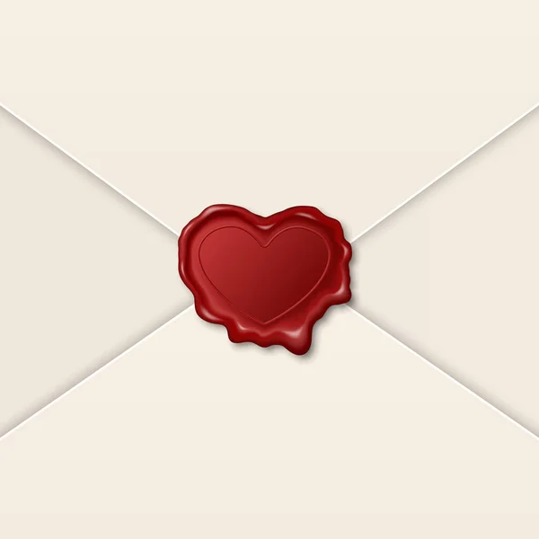 Vector 3d Realistic Vintage Heart Shaped Red Stamp, Wax Seal aon White Paper Envelope. Sealing Wax, Stamp, Label for Quality Certificate, Document, Letter, Envelope. Valentine Day, Love Concept — Stok Vektör