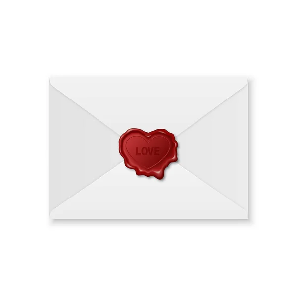 Vector 3d Realistische Vintage Heart Shaped Rode Stempel, Wax Seal, White Paper Envelope. Afdichting Wax, Stempel, Label for Quality Certificate, Document, Brief, Envelop geïsoleerd. Valentijnsdag, Love Concept — Stockvector