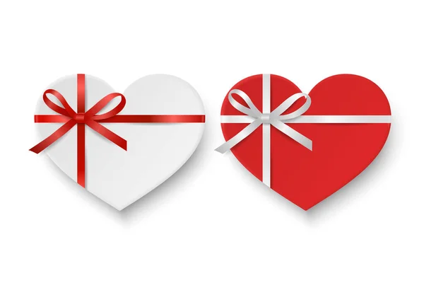 Vector 3d Realistic Paper White, Red Valentine Gift Box in the Shape of a Heart, Bow Icon Set Isolated. Valentine Day, Love Concept. Design Template of Present Packing for Valentine s Day. Top View — Stock Vector