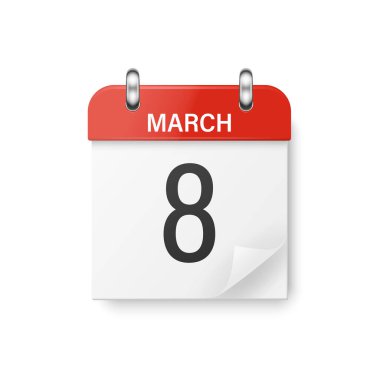 Vektör 3d Gerçekçi 8 Mart Klasik Basit Kırmızı Takvim, Uluslararası Kadın Günü, Katlanmış Kağıt Köşesi. Kadınlar için Tasarım Şablonu Tatil Kartı, Bayrak, Duvar Takvimi, Arkaplan