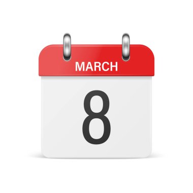 Vector 3d Realistic 8 March Day Classic Simple Minimalistic Red Calendar Icon, International Womens Day. Design Template for Women Holiday Card, Banner, Wall Calendar, Background, March 8th