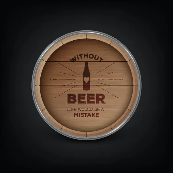Fondo vectorial con tapa de barril de madera realista 3d para almacenar bebidas alcohólicas con cita tipográfica sobre cerveza. Cerveza marrón, vino barril de madera. Cañón vectorial de madera de cerveza de alto detalle — Vector de stock
