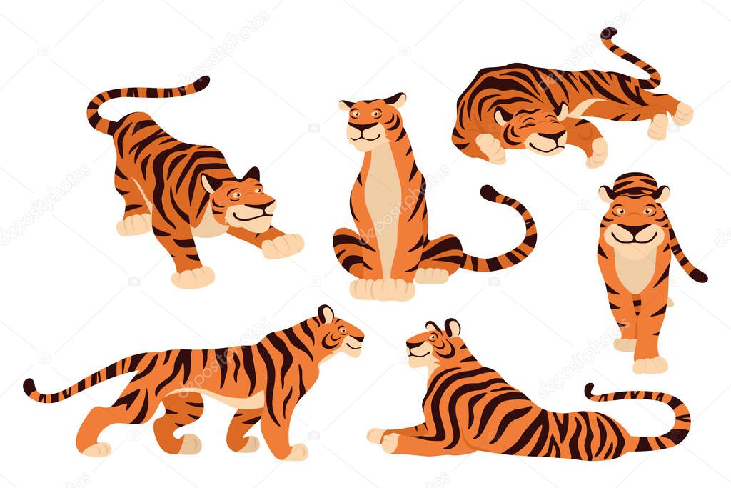 Chinese New Year 2022 Concept. Vector Hand Drawn Tigers for Design. Tiger Icon Set Isolated. Noble Tiger Collection in Flat or Cartoon Style. Happy New Year and Symbol of the Year of Tiger