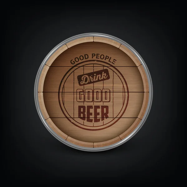 Fondo vectorial con tapa de barril de madera realista 3d para almacenar bebidas alcohólicas con cita tipográfica sobre cerveza. Cerveza marrón, vino barril de madera. Cañón vectorial de madera de cerveza de alto detalle — Vector de stock