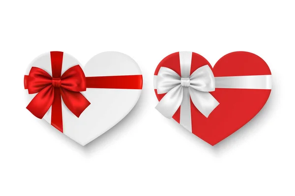 Vector 3d Realistic Paper White, Red Valentine Gift Box in the Shape of a Heart, Bow Icon Set Isolated. Valentine Day, Love Concept. Design Template of Present Packing for Valentine s Day. Top View — Stock Vector