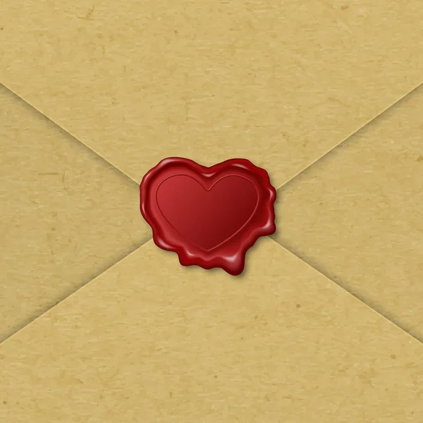 Vecteur 3D réaliste en forme de coeur Timbre rouge, sceau de cire, enveloppe en papier brun Gros plan. Cire d'étanchéité, timbre, étiquette pour certificat de qualité, document, lettre, enveloppe isolée. Saint Valentin, concept d'amour — Image vectorielle