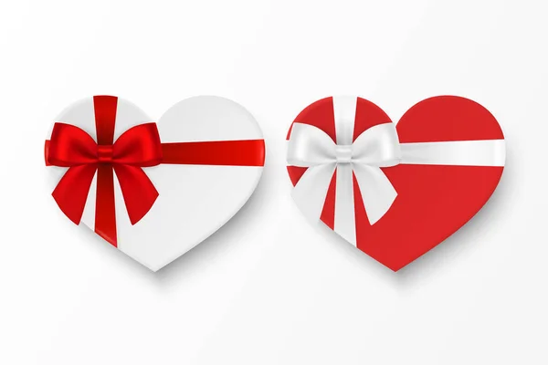 Vector 3d Realistic Paper White, Red Valentine Gift Box in the Shape of a Heart, Bow Icon Set Isolated. Valentine Day, Love Concept. Design Template of Present Packing for Valentine s Day. Top View — Stock Vector