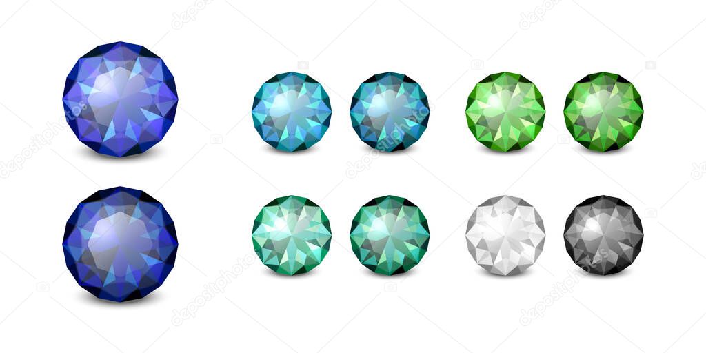 Vector 3d Realistic Gemstone, Crystal, Rhinestones Icon Set Closeup Isolated. Jewerly Concept. Design Template, Clipart. Colored Gems, Crystals, Rhinestones, Gemstones, Top, Side View