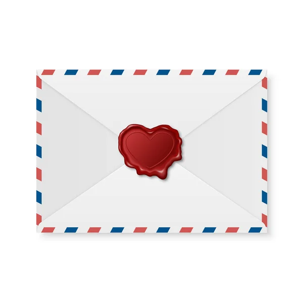 Vector 3d Realistic Vintage Heart Shaped Red Stamp, Wax Seal, White Paper Envelope. Sealing Wax, Stamp, Label for Quality Certificate, Document, Letter, Envelope Isolated. Valentine Day, Love Concept — Διανυσματικό Αρχείο
