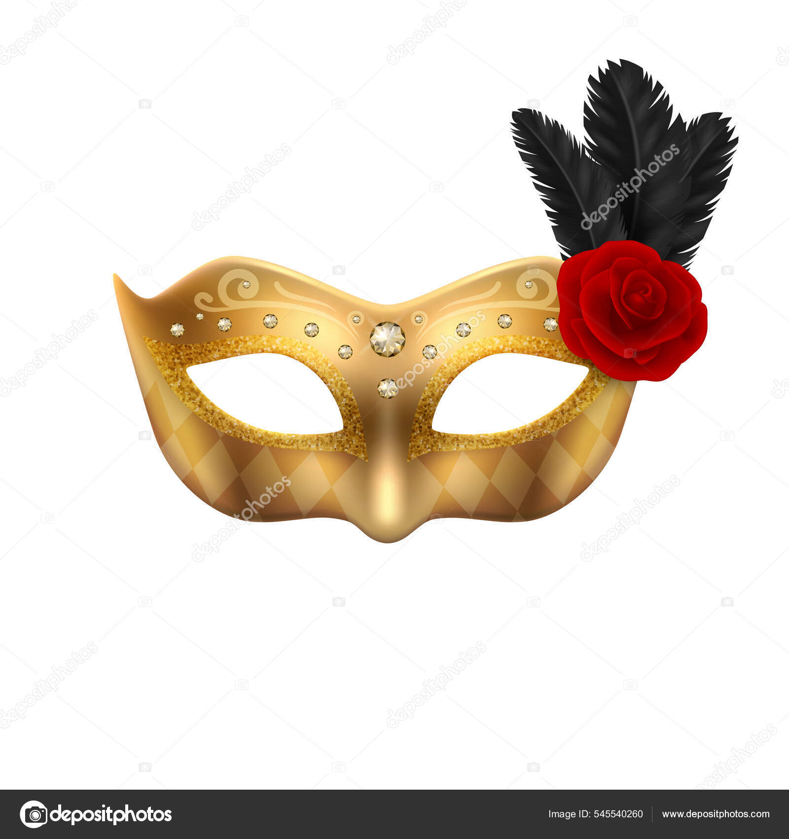 Vector 3d Realistic Carnival Mask, Rose, Feather. Золотая Маска.
