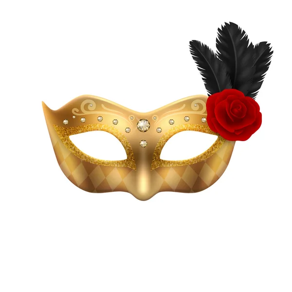Vector 3D Realistische Karneval-Gesichtsmaske, Rose, Feder. Goldene Maske für Party, schwarze Federn, rote Rose. Maskerade Closeup. Design-Vorlage der Maske. Karneval, Party, Geheimnis, Held, Fremdes Konzept — Stockvektor