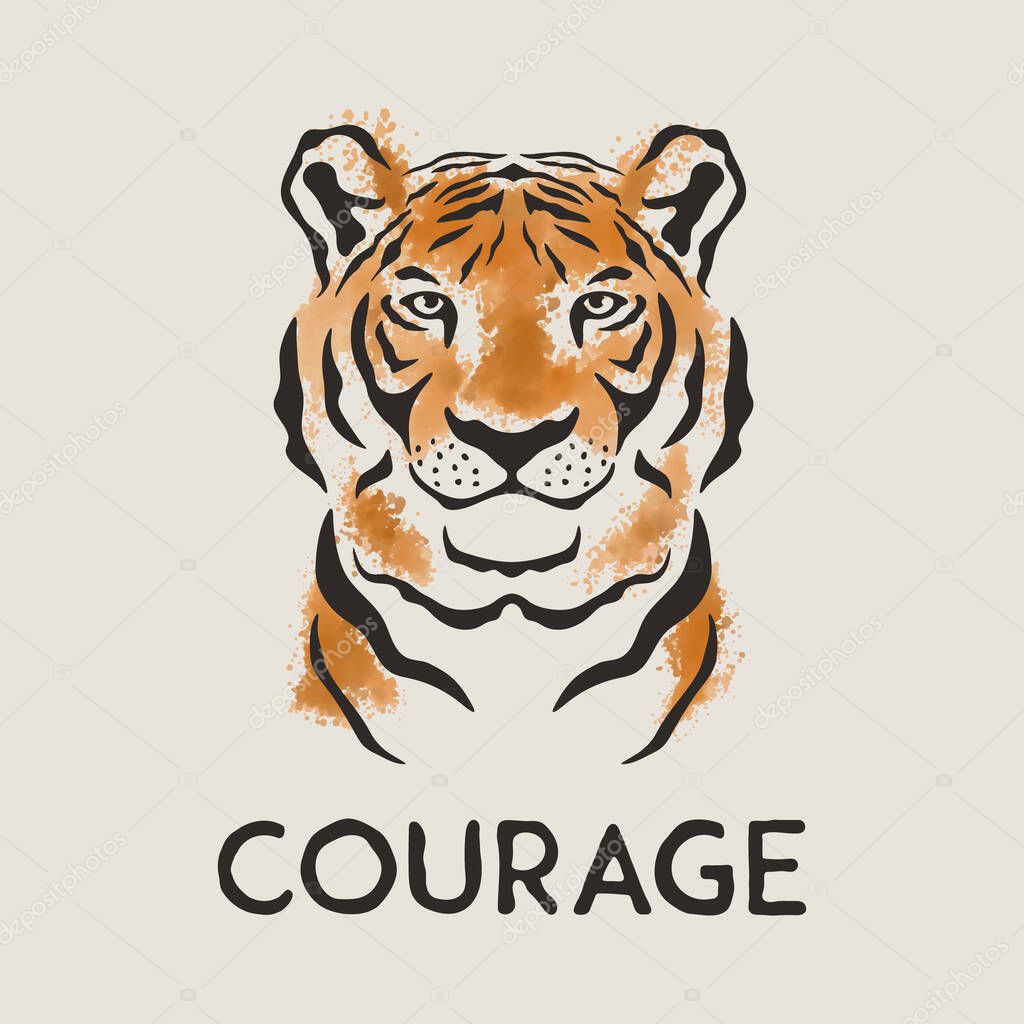 Courage Slogan. Vector Hand Drawn Tiger Face. Noble Tiger Head with Paint Splashes for Clothes, Fabrics, T-shirt, Card Print, Logo Design. Symbol of the Year of Tiger.