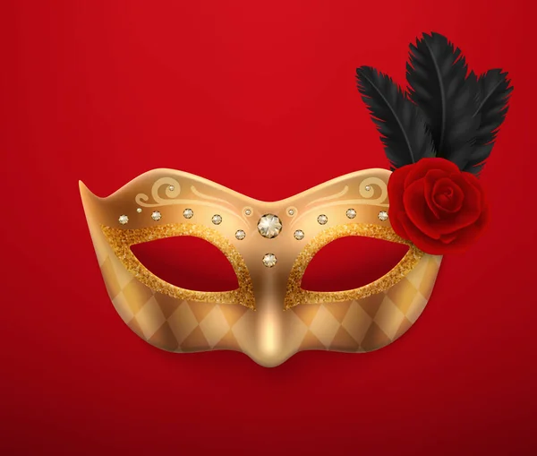 Vektor 3d Realistisk Carnival Face Mask, Rose, Feather. Guldmask för fest, svarta fjädrar, röd ros. Maskerad närbild. Design Mall för Mask. Karneval, Party, Hemlig, Hjälte, Främling koncept — Stock vektor